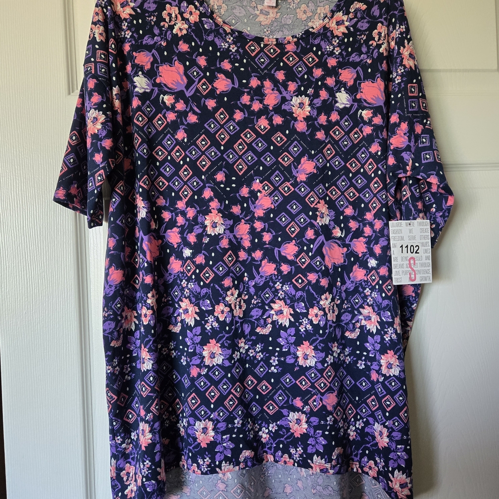 LuLaRoe Floral and Geometric Patterned Top - Pink and Purple Irma